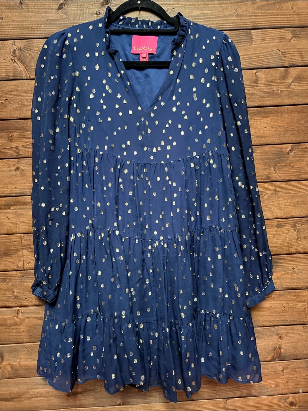 shimmering Lilly Pulitzer Sarita Silk Swing Dress in navy metallic